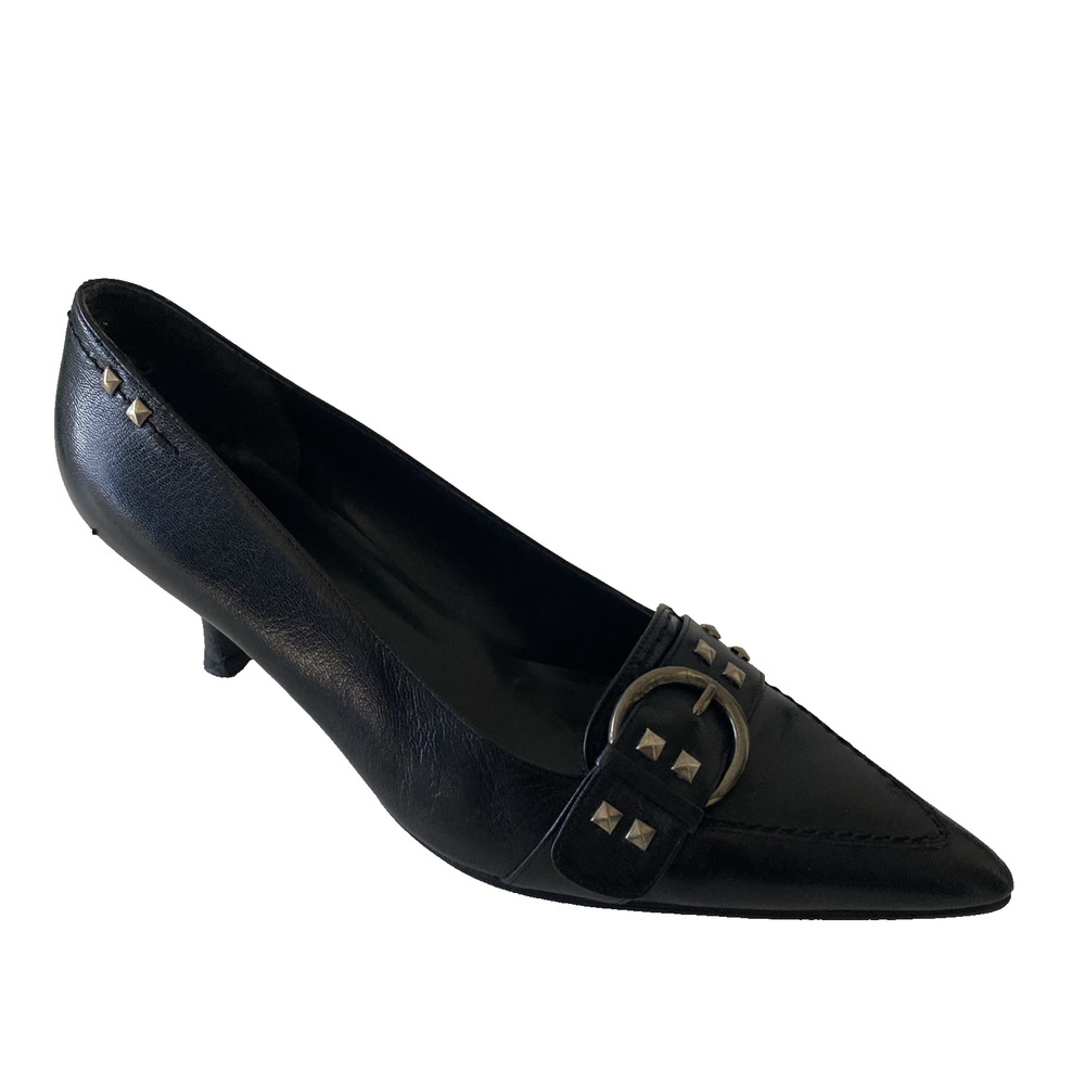 Stuart Weitzman Pump Black Leather Pointed Toe Metal Stud Buckle Kitten Heel 11